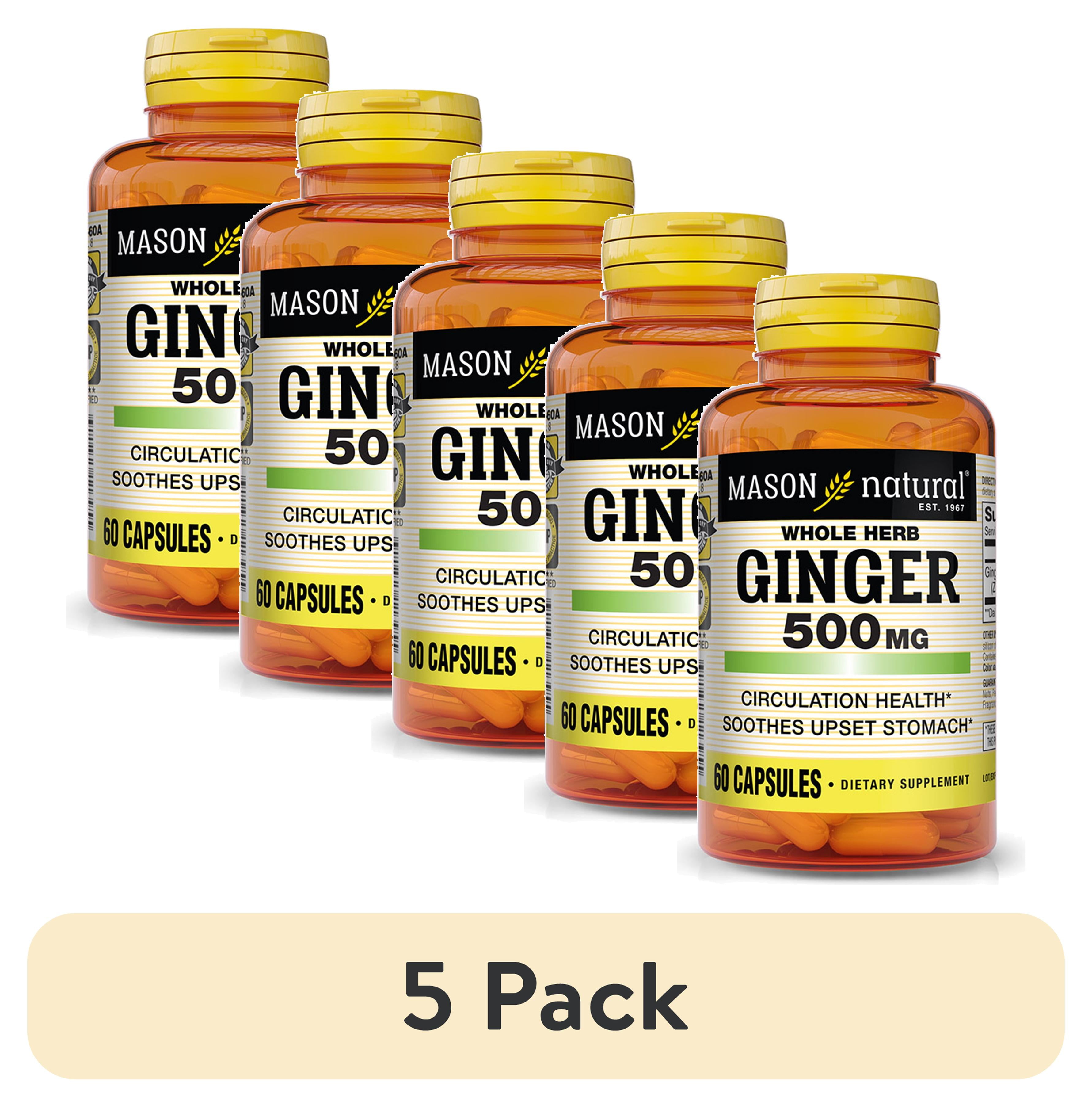 (5 pack) Mason Natural Whole Herb Ginger 500 mg, Natural Herbal Supplement, 60 Capsules