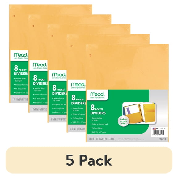 (5 pack) Mead Add-a-Pocket Binder Dividers, Kraft, 8 Pack (33508)
