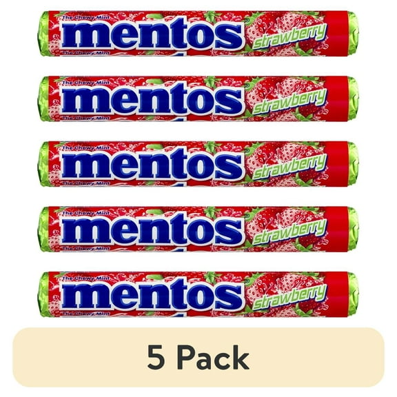 (5 pack) Mentos Chewy Mint Candy Roll, Strawberry, Nut Free, Regular Size, 1.32 oz