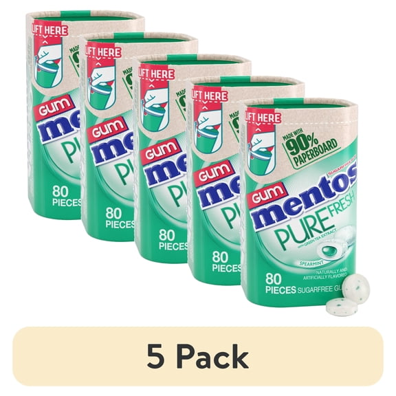 (5 pack) Mentos Pure Fresh Sugar-Free Gum, Paperboard Bottle, Spearmint, Peanut-Free, Regular Size, 80 Count