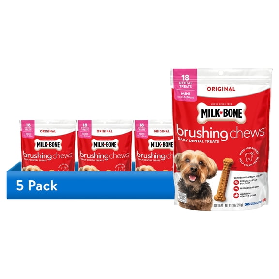 (5 pack) Milk Bone Brushing Chews Original Chicken Flavor Daily Dental Dog Treats, Mini, 7.1 oz Bag