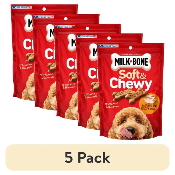 (5 pack) Milk Bone Soft & Chewy Dog Treats, Made with Real Chicken, 5.6 Ounce Pouch