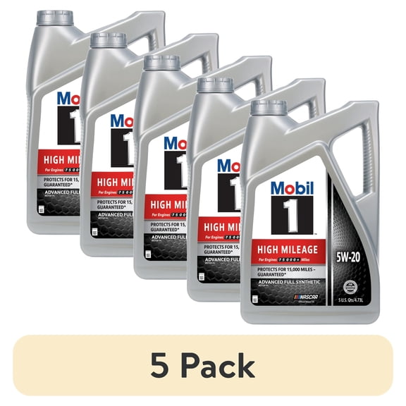 (5 pack) Mobil 1 High Mileage Full Synthetic Motor Oil 5W-20, 5 Quart