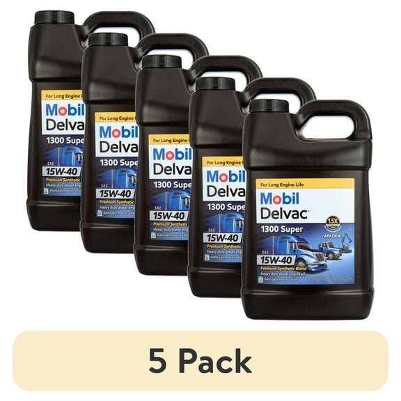 (5 pack) Mobil Delvac 1300 Super Heavy Duty Premium Synthetic Blend Diesel Engine Oil 15W-40, 2.5 Gallon