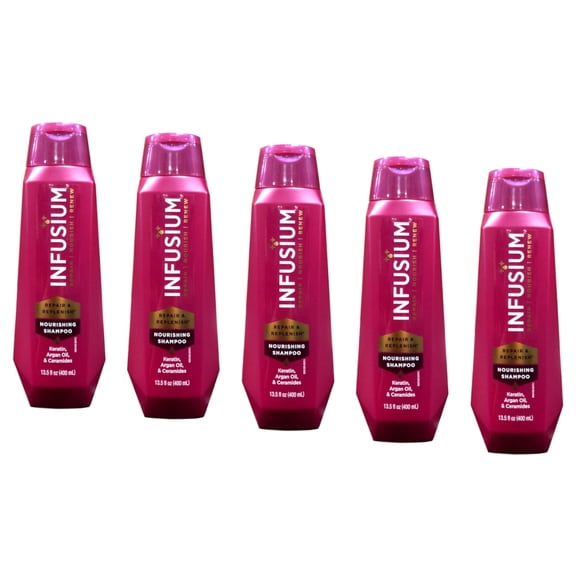 (5 pack) Infusium Repair & Replenish Shampoo, Nourish, Renew, with Keratin, Argan Oil, Ceramides for Dry, Damaged Hair, 13.5 Fl Oz