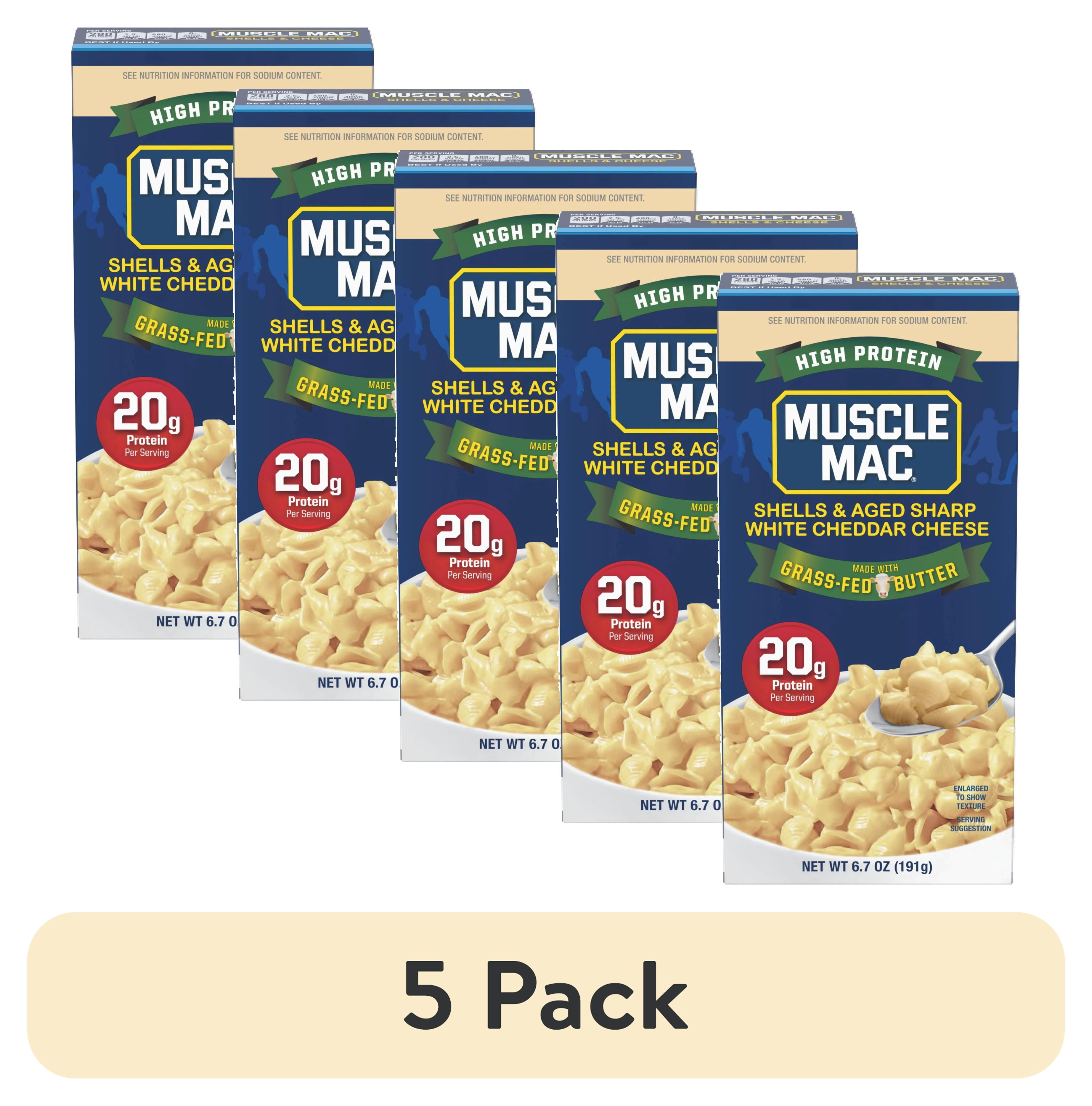 (5 pack) Muscle Mac High Protein Shells & Cheese Dinner, Made With Aged Sharp White Cheddar and Butter from GrassFed Cows, 20g of Protein, 6.7 oz