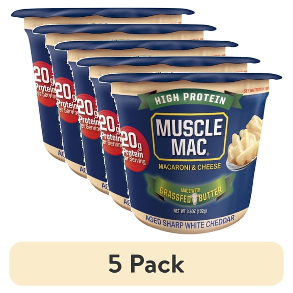 (5 pack) Muscle Mac Microwavable Macaroni & Cheese Cups - Aged Sharp White Cheddar Cheese - Made With Real Cheese & Butter (Updated Formula) - Vegetarian-Friendly Pea Protein - 3.6 oz