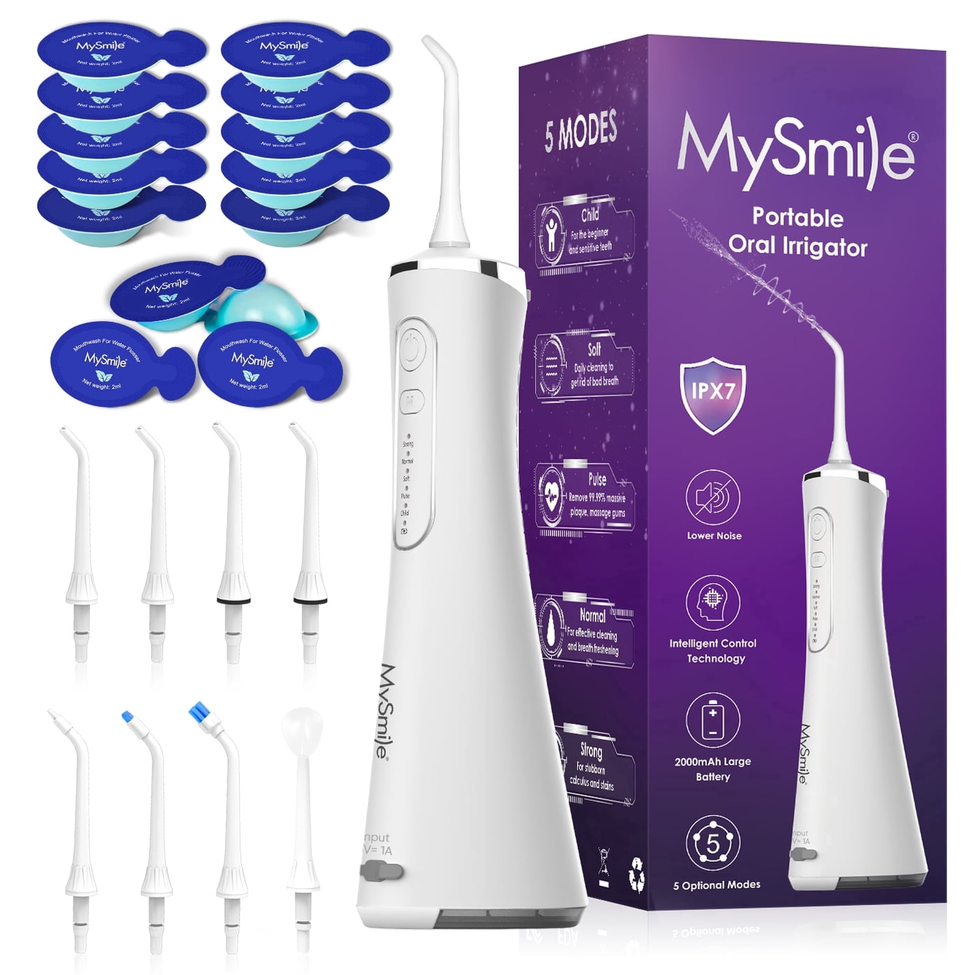 (5 pack) MySmile LP211 Portable Water Flosser Cordless for Teeth & 30pcs Mouthwash Combo, Power Water Dental Flosser Electric Picks, Rechargeable Oral Irrigator, Waterproof, 5 Modes, 8 Tips, Travel Bag, White