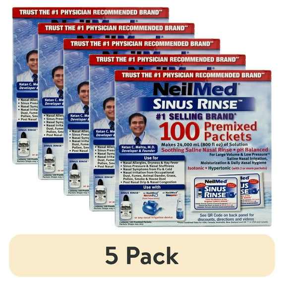 (5 pack) NeilMed Sinus Rinse Premixed Saline Packets – 100 Count, pH Balanced, Preservative-Free