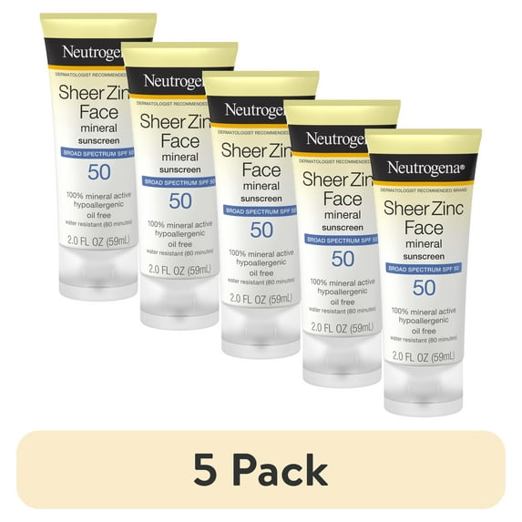 (5 pack) Neutrogena Sheer Zinc Dry-Touch Face SPF 50 Sunscreen Lotion, 2 fl. oz