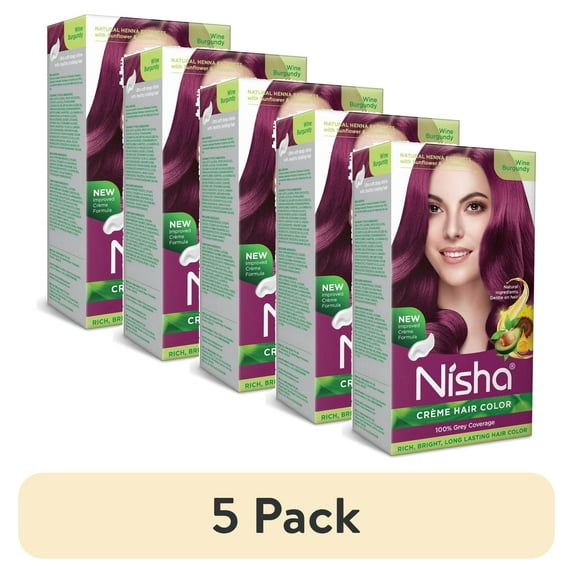 (5 pack) Nisha Creme Hair Color | Permanent Long Lasting Wine Hair Dye Color Kit | Wine Burgundy | 5.07 Oz