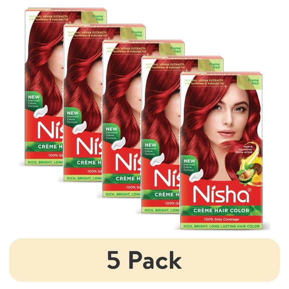 (5 pack) Nisha Creme Hair Color | Permanent Long Lasting Red Hair Dye Color Kit | Flame Red | 5.07 Oz