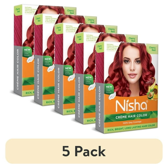 (5 pack) Nisha Creme Hair Color | Permanent Long Lasting Red Hair Dye Colour Kit | Cherry Red | Mini Box 40gm / 1.35 Oz