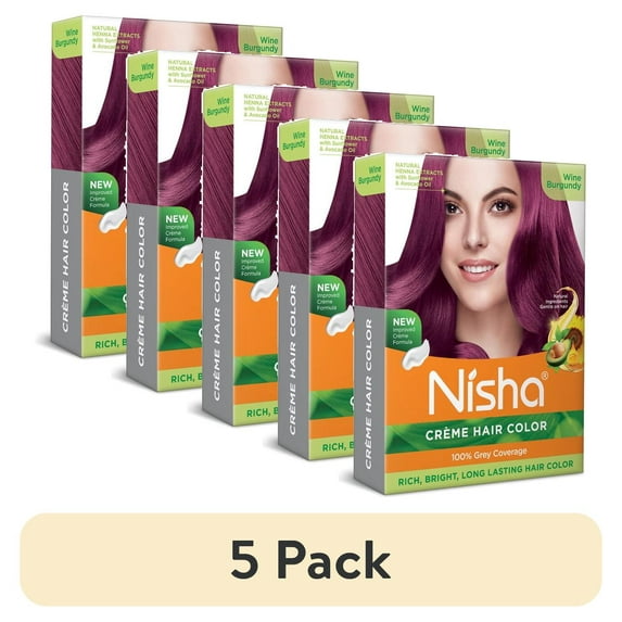 (5 pack) Nisha Creme Hair Color | Permanent Long Lasting Wine Hair Dye Colour Kit | Wine Burgundy | Mini Box 40gm / 1.35 Oz