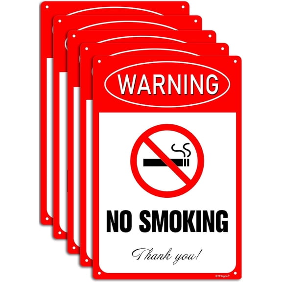 (5 pack) No Smoking Thank You Sign, 8"x12" Rust Free Aluminum UV Printed Warning Signs Conspicuous Red