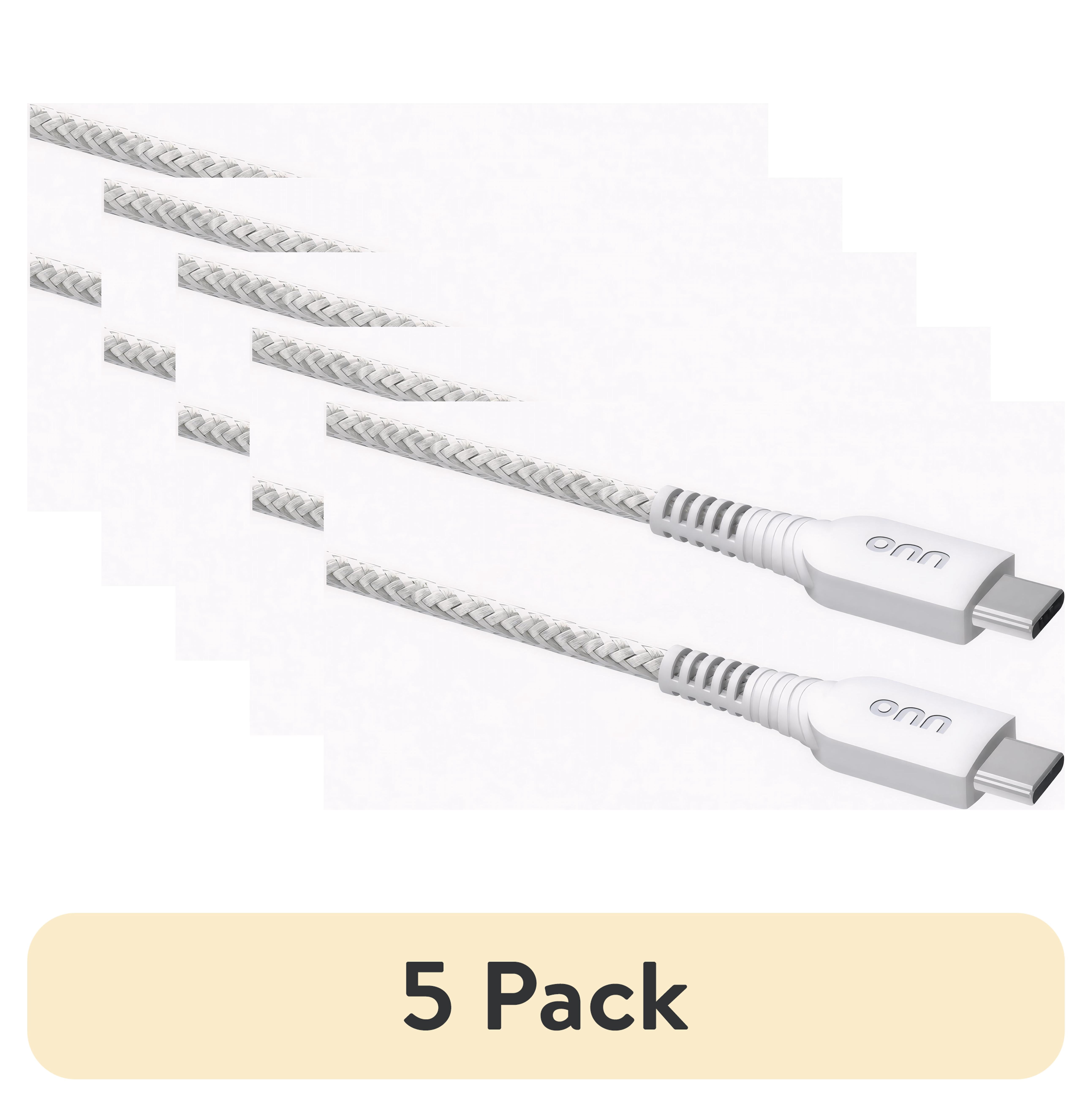 (5 pack) Onn 10ft USB-C to USB-C Braided Charging Cable, USB-IF Certified, White - Compatible with iPhone, Samsung, Pixel, iPad Pro