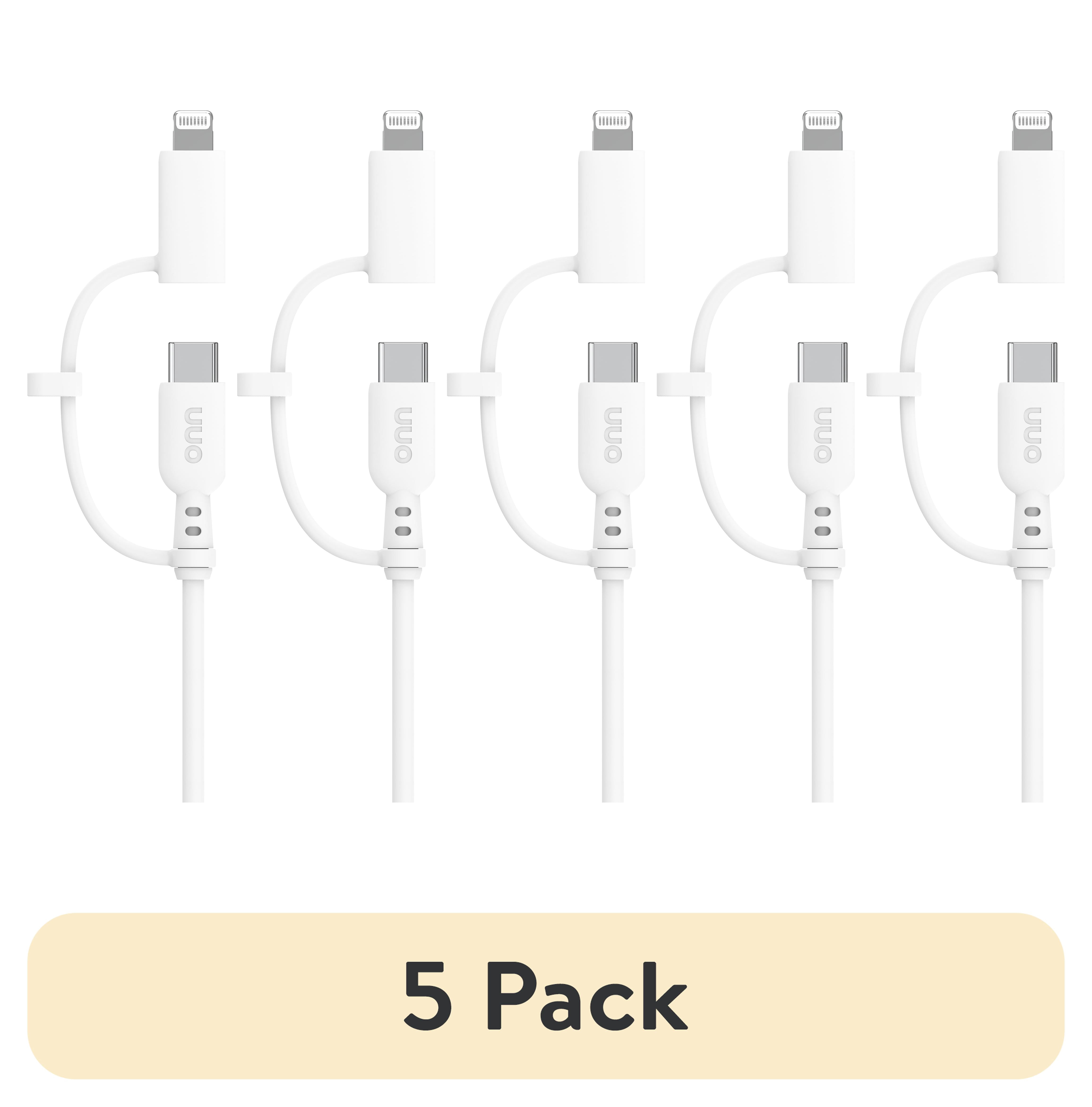 (5 pack) onn 3ft 2-in-1 Charging Cable with USB-C and Lightning Connectors, MFi Certified, White - Compatible with iPhone, Samsung, Pixel, iPad Pro