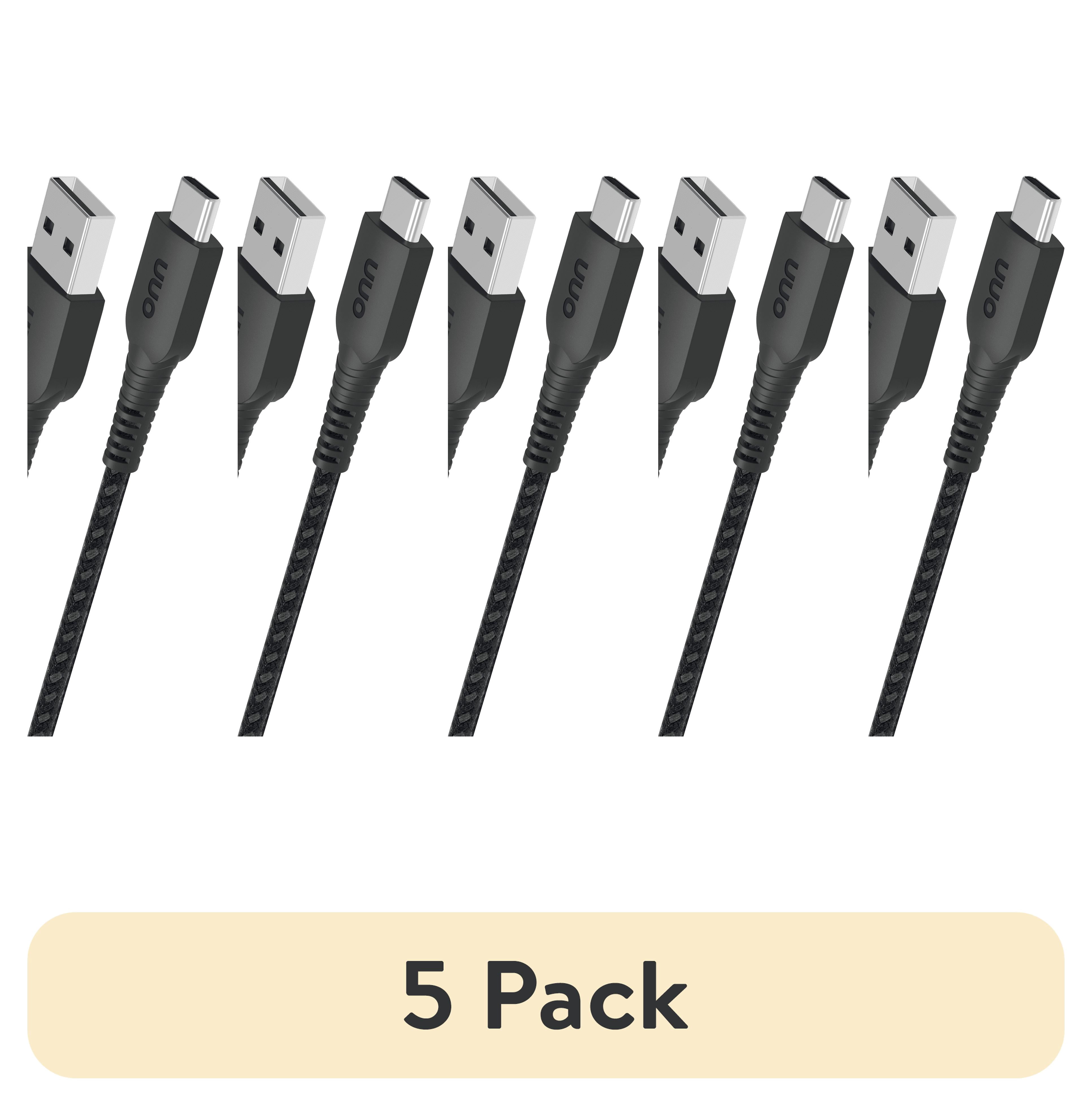 (5 pack) Onn 10ft USB to USB-C Braided Charging Cable, USB-IF Certified, Black - Compatible with Latest iPhone, Samsung Galaxy, Note, Pixel Devices, iPad Pro