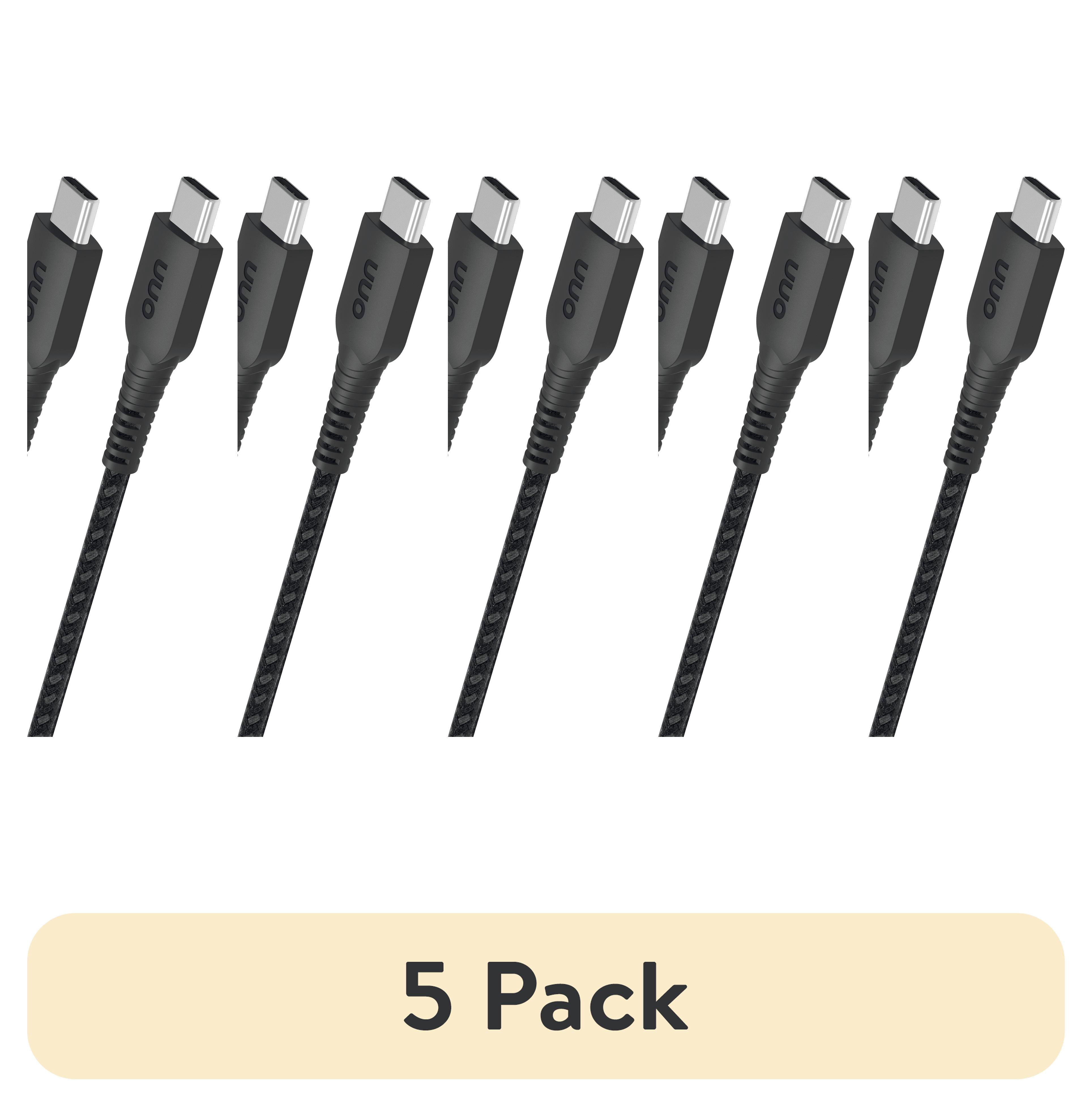 (5 pack) onn 6ft USB-C to USB-C Braided Charging Cable, USB-IF Certified, Black - Compatible with iPhone, Samsung, Pixel, iPad Pro