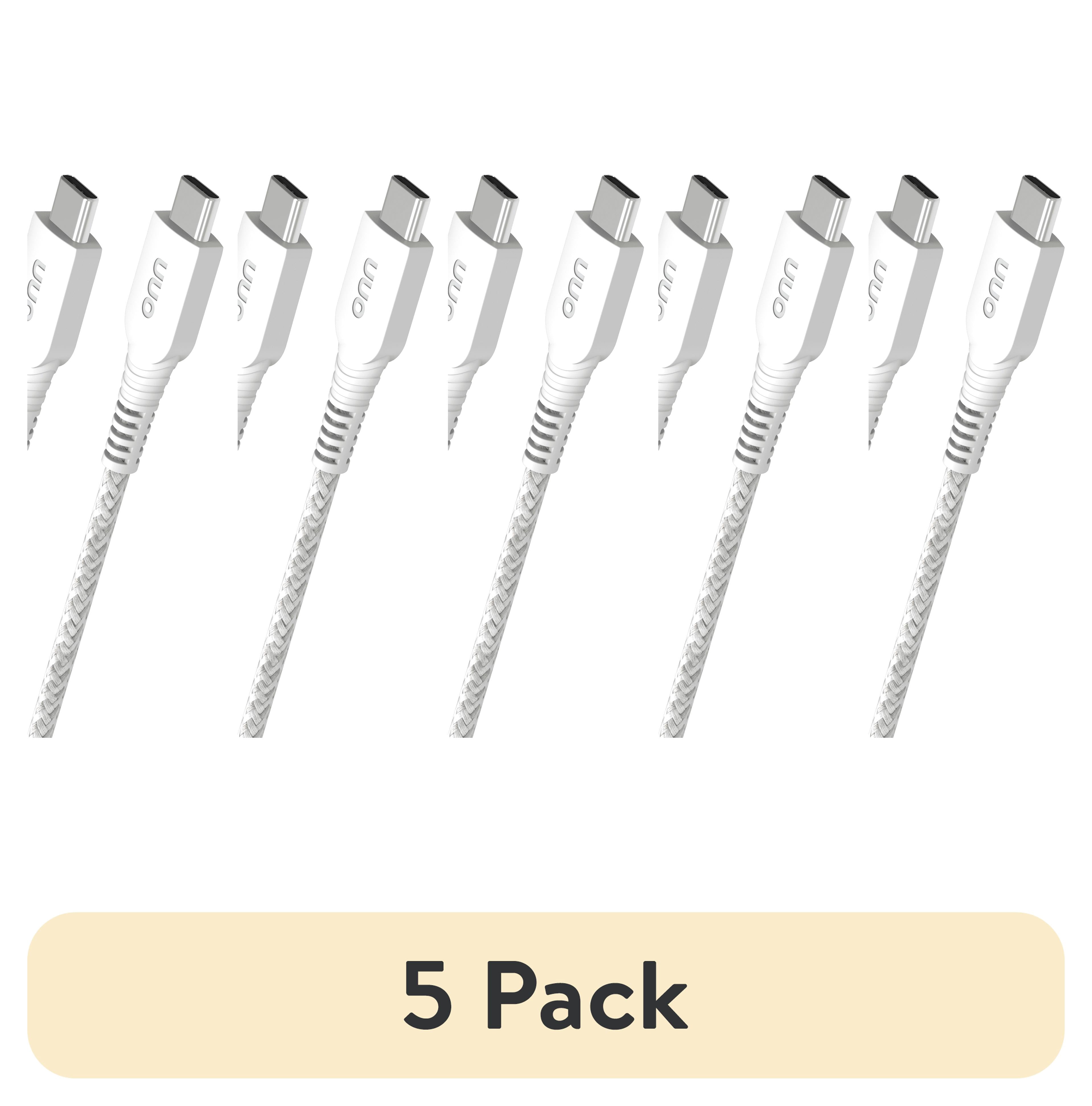 (5 pack) onn 6ft USB-C to USB-C Braided Charging Cable, Fast Charging,USB-IF Certified, White