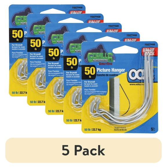 (5 pack) Ook Monkey Hook Picture Hangers, Spring Steel Picture Hanging Hooks for Drywall, 50 lbs, Zinc, Silver, 5 pack