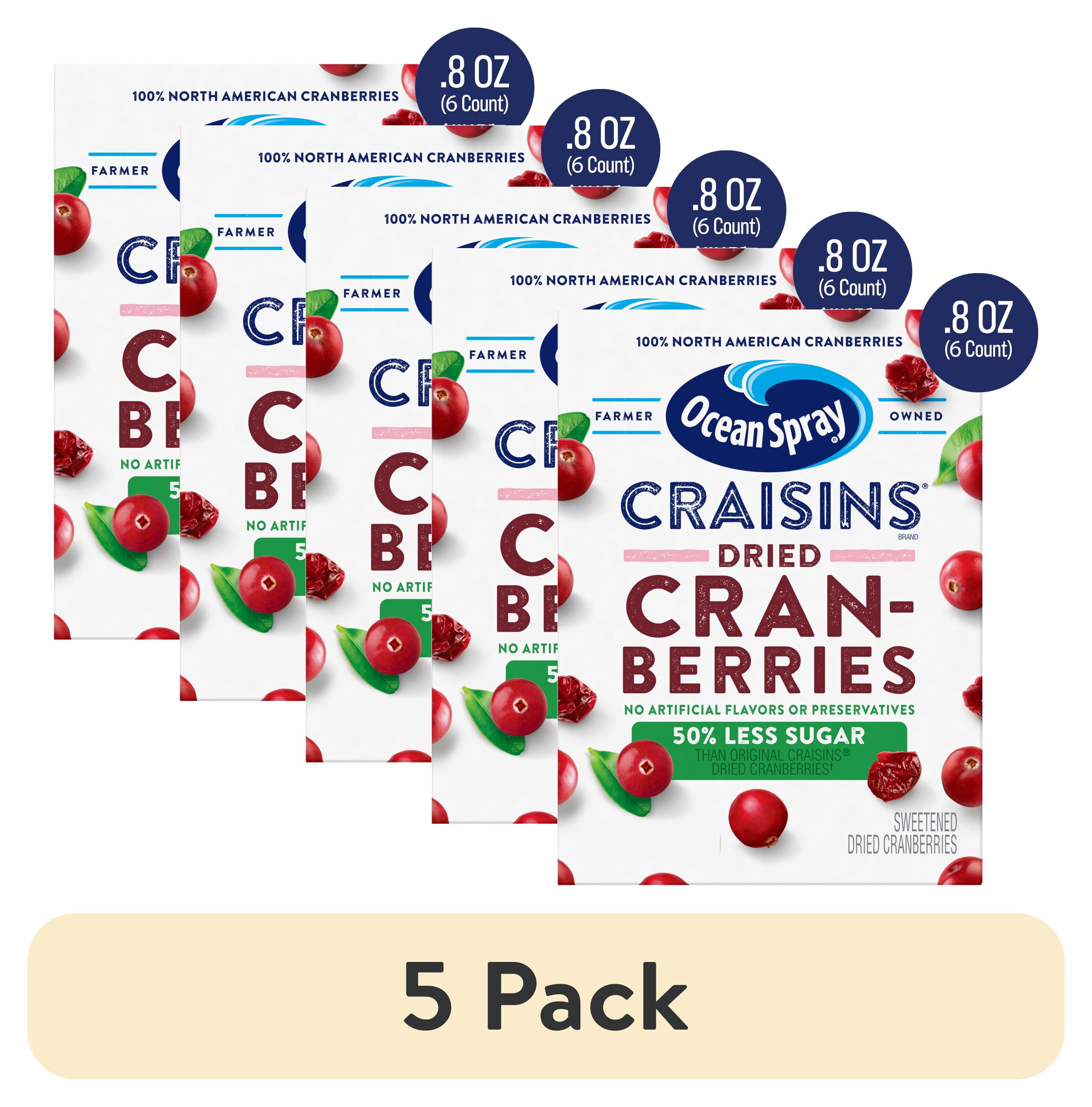 (5 pack) Ocean Spray® Craisins®, 50% Less Sugar Dried Cranberries, Dried Fruit, 8 oz Pouches, 6 Count