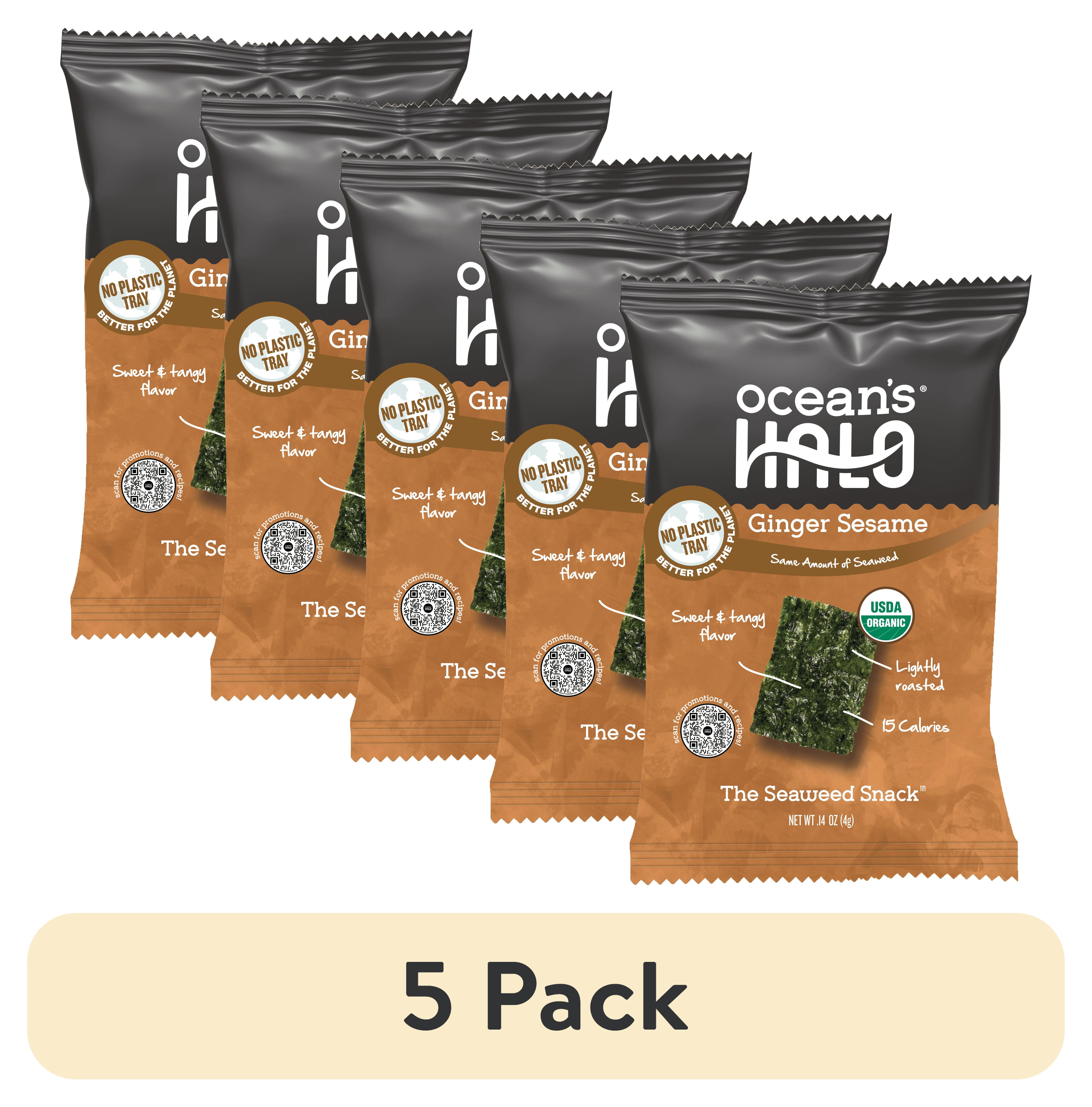 (5 pack) Ocean's Halo, Organic Trayless Seaweed Snack, Ginger Sesame, Vegan, Crispy Shelf-Stable Nori, 0.14 oz