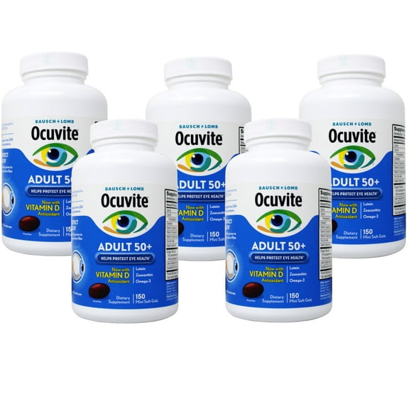 (5 pack) Ocuvite Adult 50+ Eye Health Supplement, Vitamin D, Antioxidant Lutein, Zeaxanthin, Omega-3, 150 Mini Soft Gels