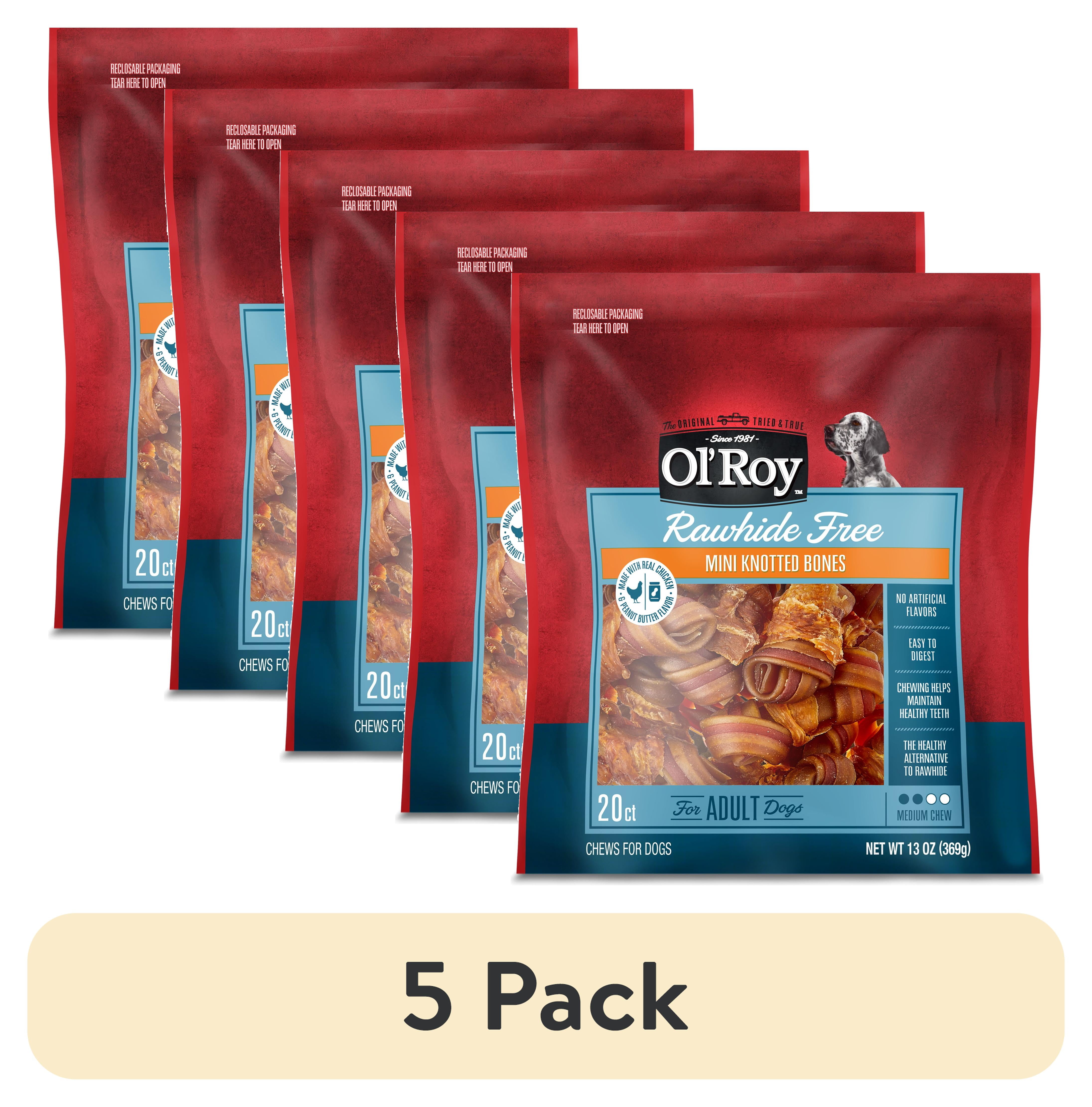 (5 pack) Ol' Roy 2.5 Inch Rawhide Free Mini Knotted Peanut Butter Flavored Bones, Chews for Dogs, 13 oz, 20 Count