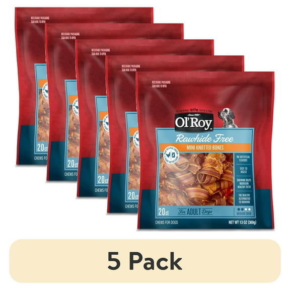 (5 pack) Ol' Roy 2.5 Inch Rawhide Free Mini Knotted Peanut Butter Flavored Bones, Chews for Dogs, 13 oz, 20 Count