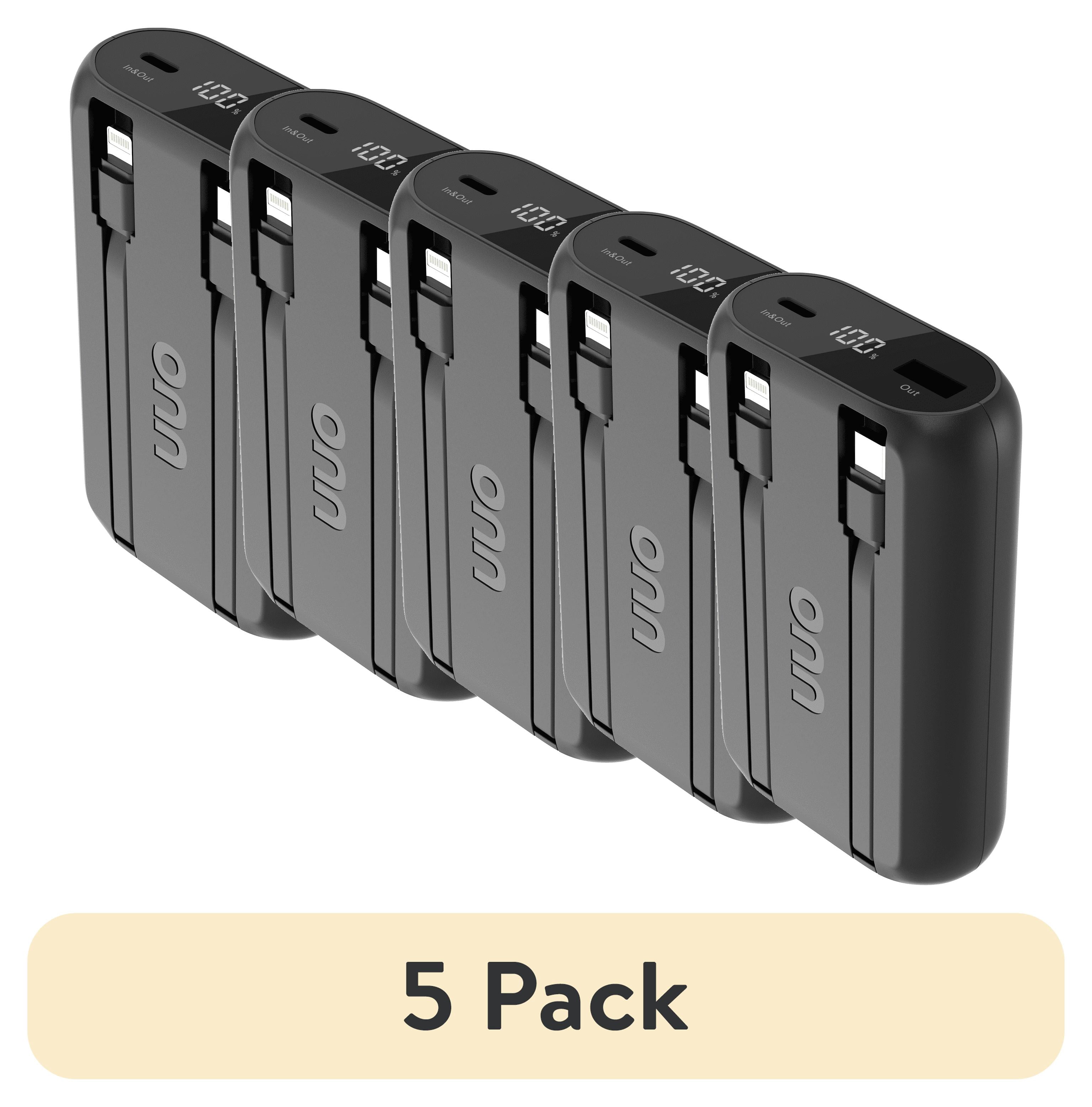 (5 pack) Onn 10,000 mAh Portable Powerbank with Built-in USB-C And Lighting Cables, Fast Charge, LED Readout, MFI Certified, Black