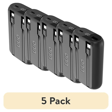 (5 pack) Onn 10,000 mAh Portable Powerbank with Built-in USB-C And Lighting Cables, Fast Charge, LED Readout, MFI Certified, Black