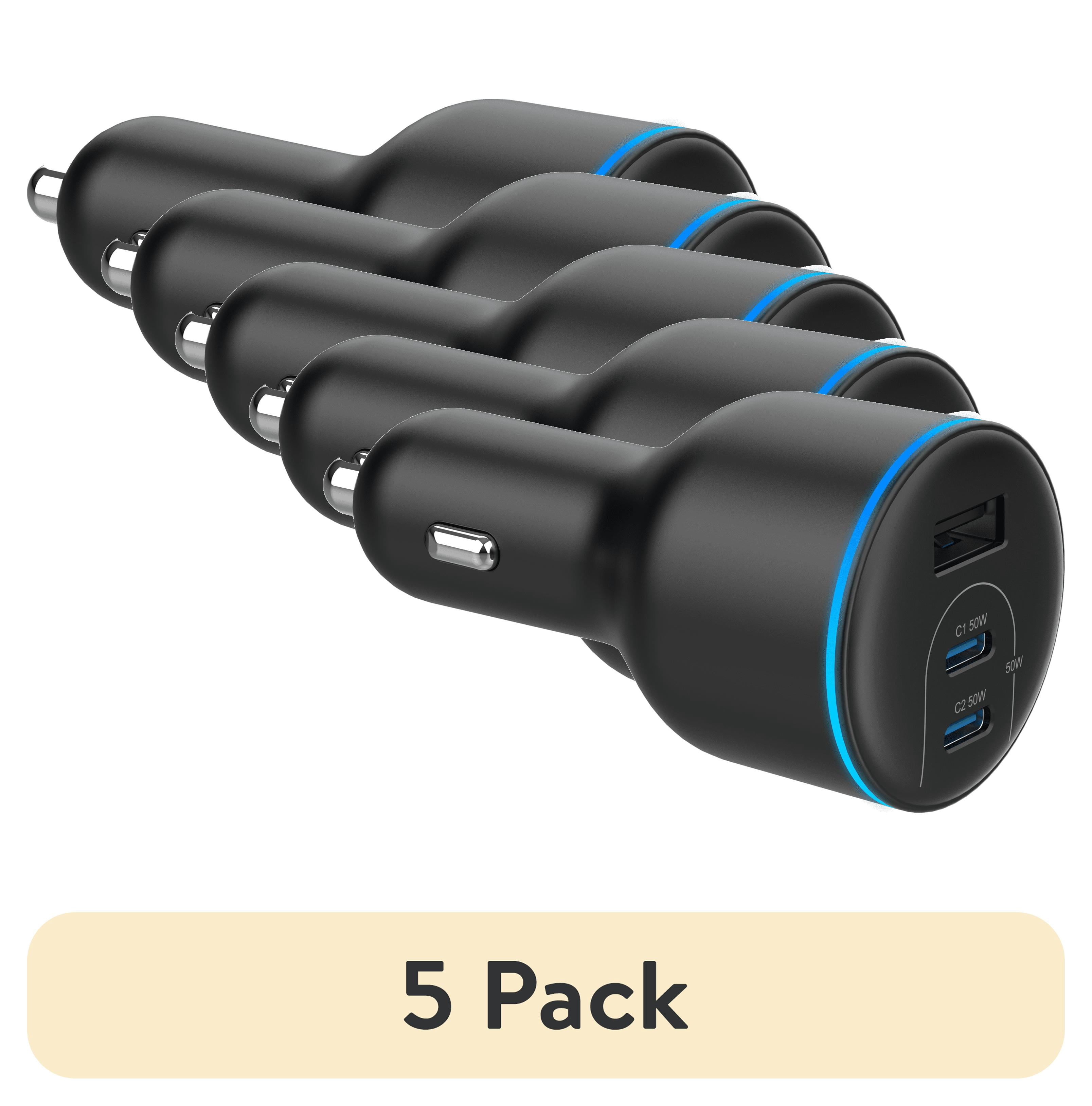(5 pack) Onn 62W Multi-Port Car Charger USB-C/USB-A Fast Charging, Foldable Plug, USB-IF Certified, White