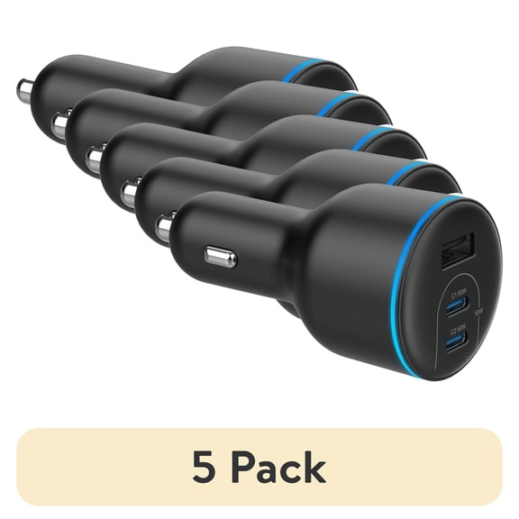 (5 pack) Onn 62W Multi-Port USB-C/USB-A Car Charger, Fast Charging, USB-IF Certified, Foldable Plug, White - Compatible with iPhone, iPad, AirPods, Samsung Galaxy, Note, Pixel & More