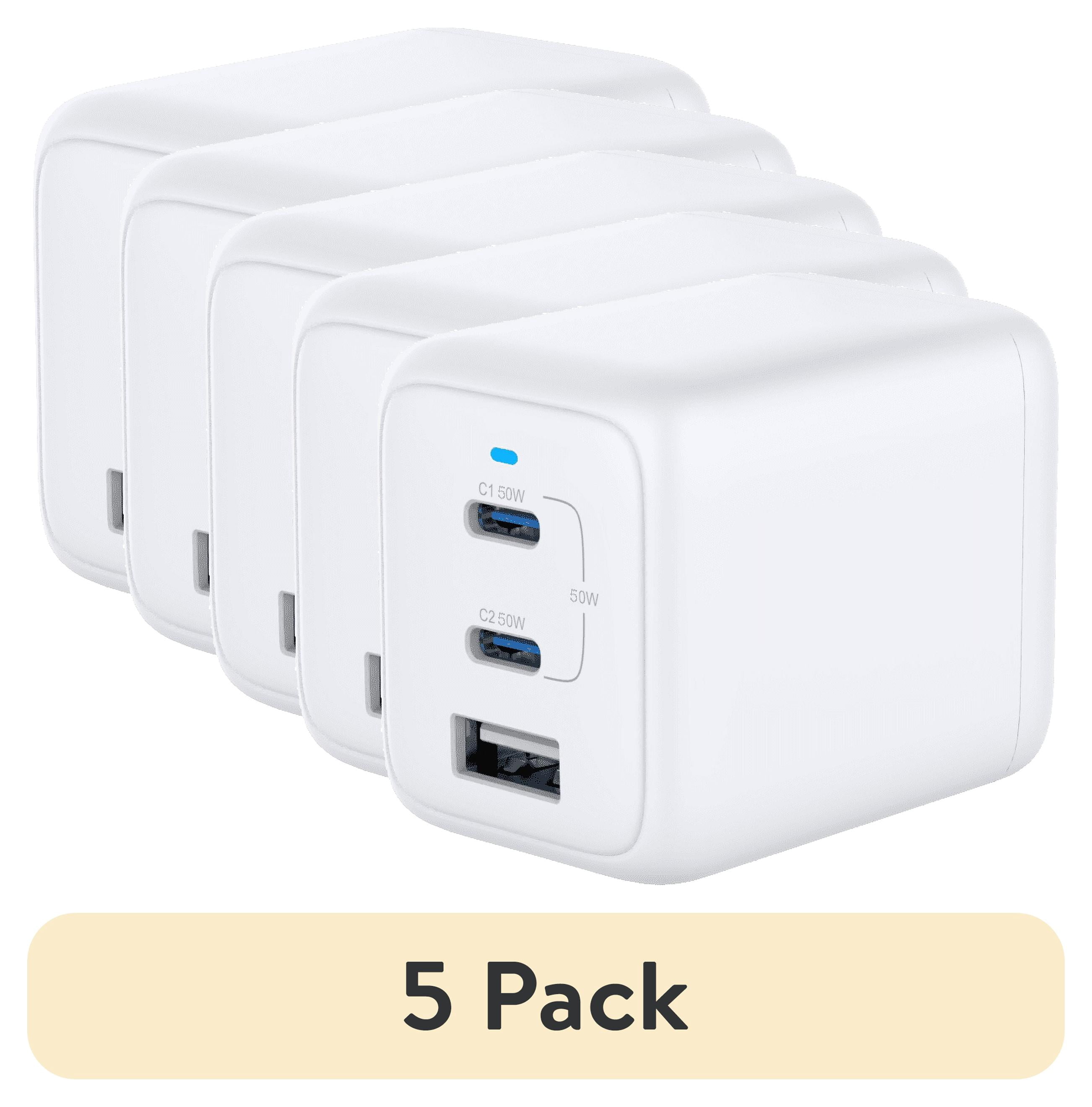 (5 pack) Onn 62W Multi-Port Wall Charger, Fast Charging, USB-C/USB-A, USB-IF Certified, Foldable Plug, White
