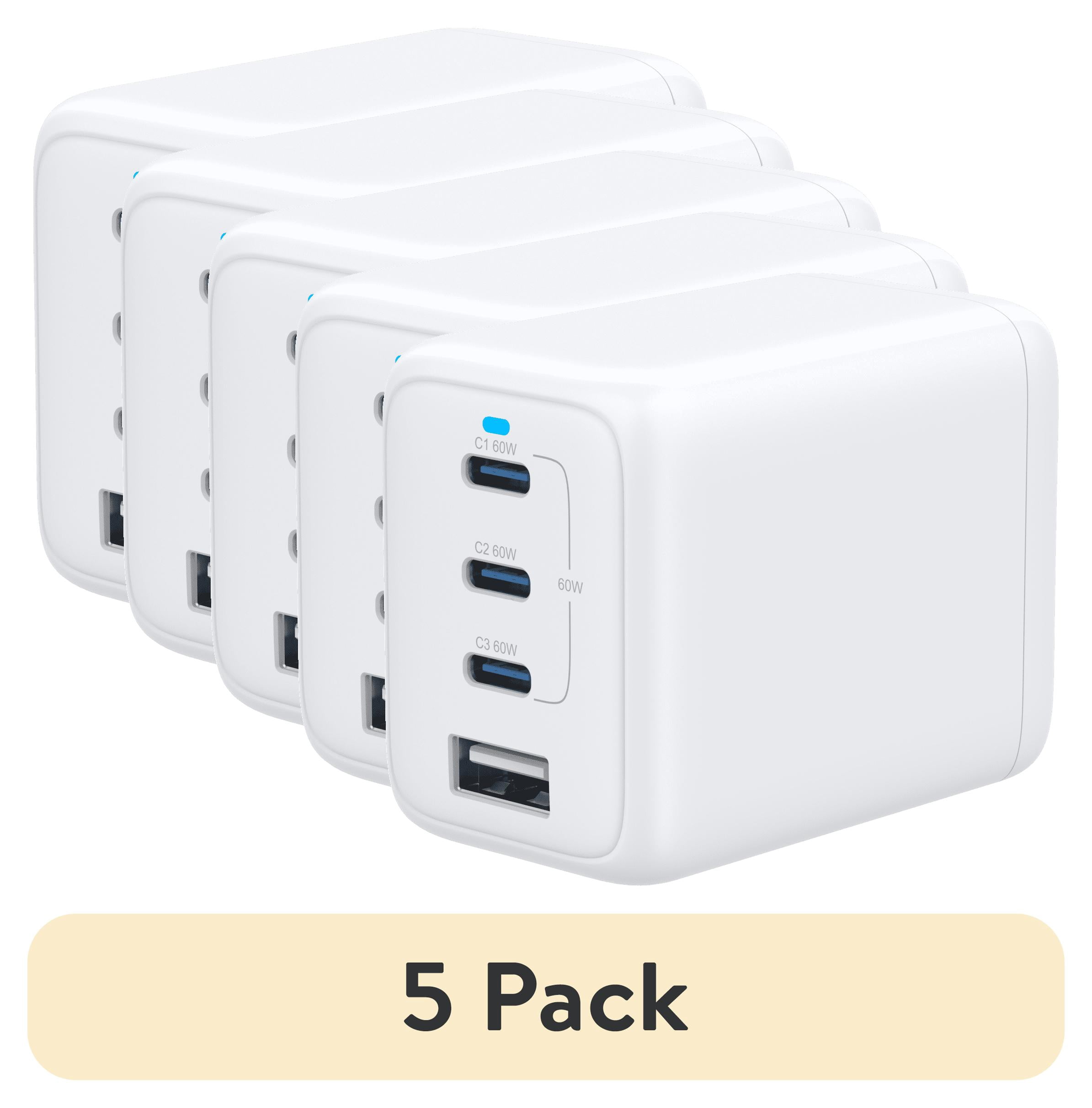 (5 pack) Onn 72W Multi-port USB-C/USB-A Wall Charger, Fast Charging, USB-IF Certified, Foldable Plug, White - Compatible with iPhone, iPad, AirPods, Samsung Galaxy, Note, Pixel & More