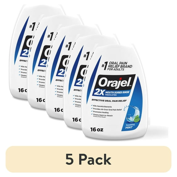 (5 pack) Orajel Antiseptic Mouth Sore Rinse for Canker Sores & Gum Irritation, Kills Bacteria, Mint, 16 oz