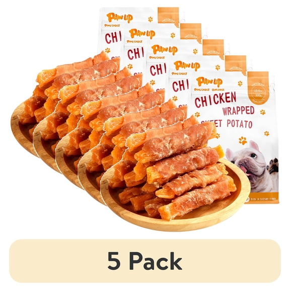 (5 pack) PAWUP Sweet Potato Dog Treats, Chicken Wrapped Dog Treats, Chicken Jerky & Sweet Potato Chews for All Dogs, Low Fat, High Fiber, 10.6oz