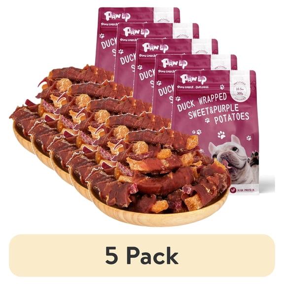 (5 pack) PAWUP Sweet Potato Dog Treats, Duck and Double Sweet Potato Dog Treats, Duck Jerky Chews for All Dogs, Low Fat, High Fiber, 10.6oz