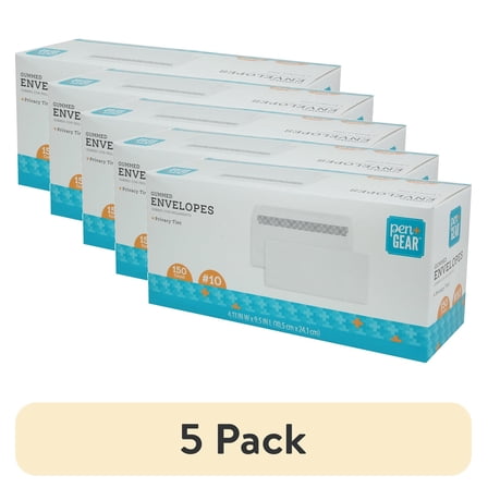 (5 pack) PEN + GEAR #10 Privacy Tint Gummed Envelopes, White, 4.13 in x 9.5 in, 150 Count