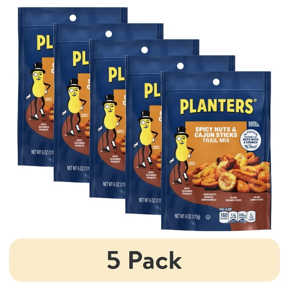 (5 pack) PLANTERS Spicy Nuts and Cajun Sticks Trail Mix with Spicy Peanuts, Plant-Based Protein, 6 oz Plastic Resealable Bag