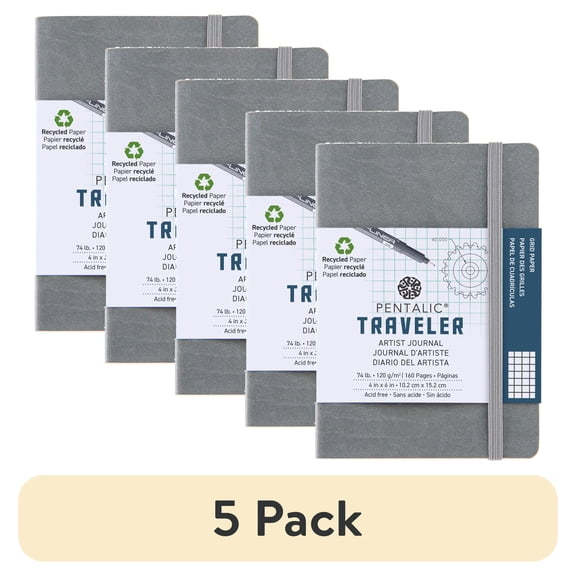 (5 pack) Pentalic - 4"x 6" Gray Grid Traveler Pocket Artist Drawing Journal, 160 Pages, 74 lb. Paper