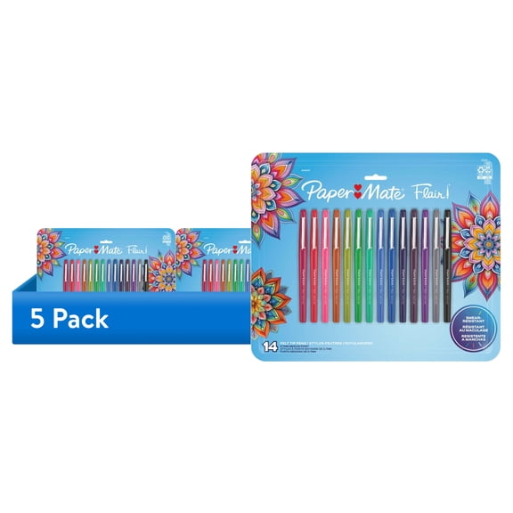 (5 pack) Paper Mate Flair Felt Tip Pens, #1 Teacher Choice, Medium Point (0.7mm), Assorted Colors, 14 Count