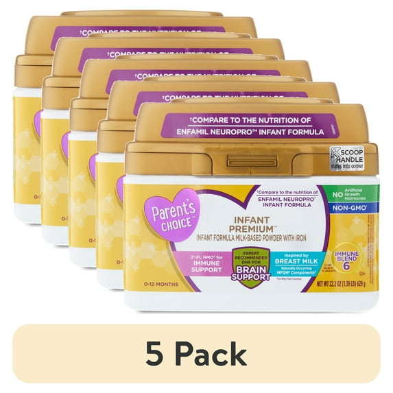(5 pack) Parent's Choice Infant Premium Baby Formula Milk-Based Powder with Iron, DHA, Non-GMO, 22.2 oz Tub