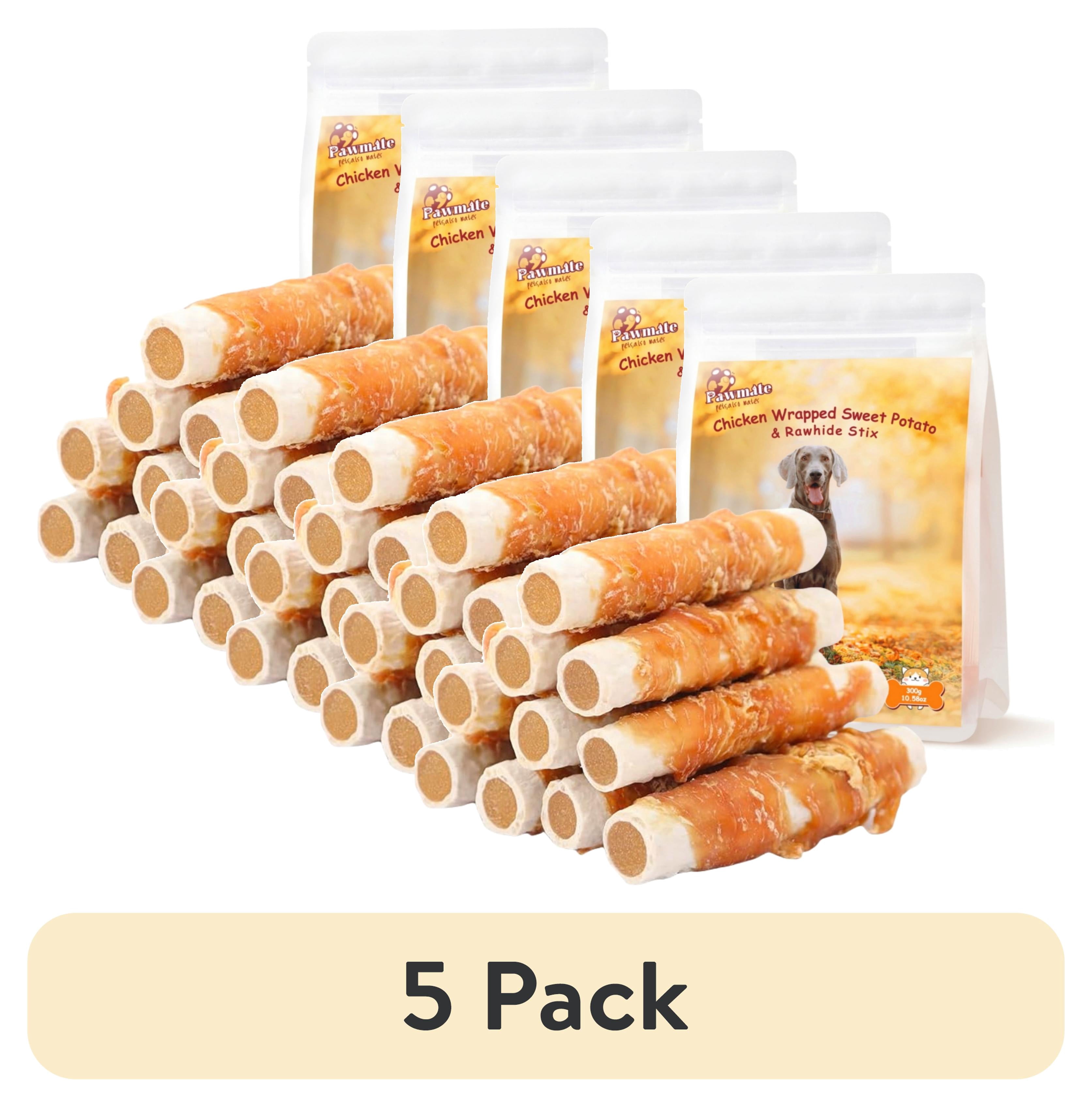(5 pack) Pawmate Chicken Jerky & Sweet Potato Rawhide Dog Treats, Long Lasting Natural Chews for Medium Large Dogs, 6 Count