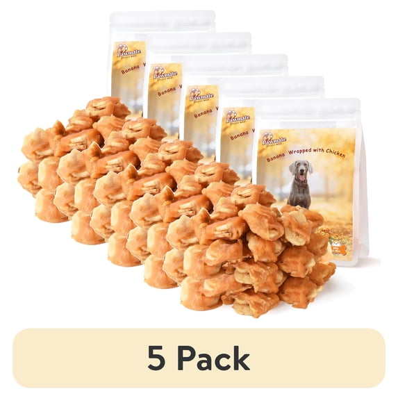 (5 pack) Pawmate Promote Digestion Natural Dog Treats, Chicken Jerky Wrapped Bananas for All Dogs, 18-19ct Bag, 11 oz