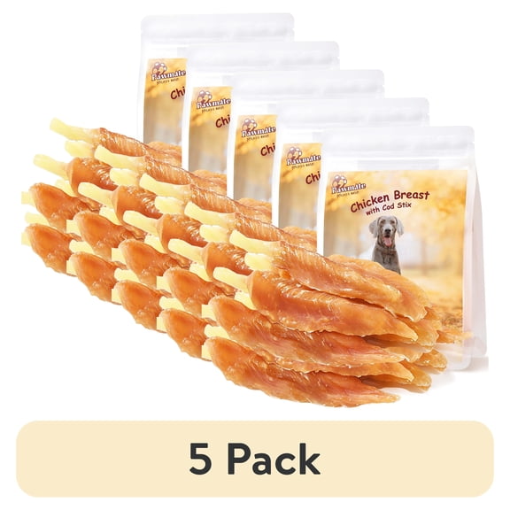 (5 pack) Pawmate Rawhide Free Dog Treats, Chicken Jerky Wrapped Cod Sticks for for All Dogs, 11 oz