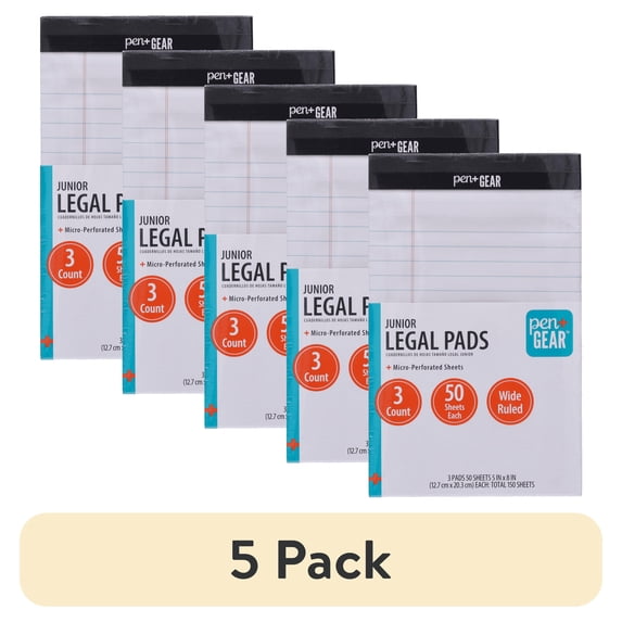 (5 pack) Pen + Gear Jr. Legal Pads, White Paper, 50 Sheets, 3 Count, Wide Ruled, Portable Size