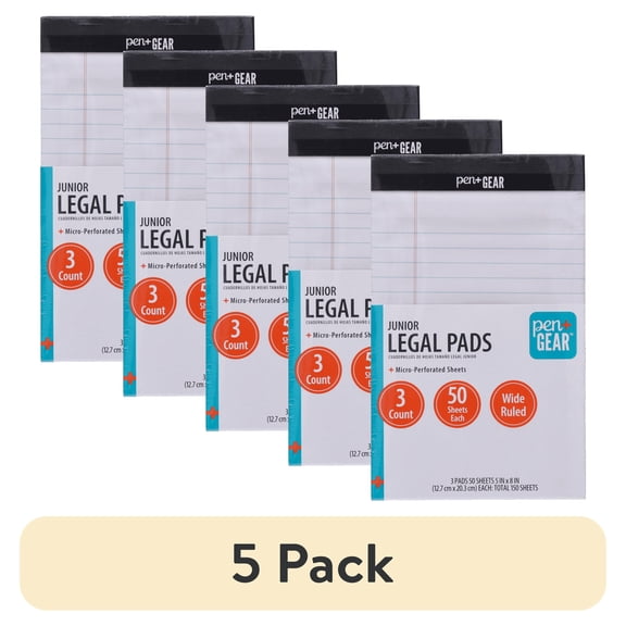 (5 pack) Pen+Gear Legal Pads, Wide Rule, White, 5 x 8 in, 3 Pads, 50 Sheets Per Pad