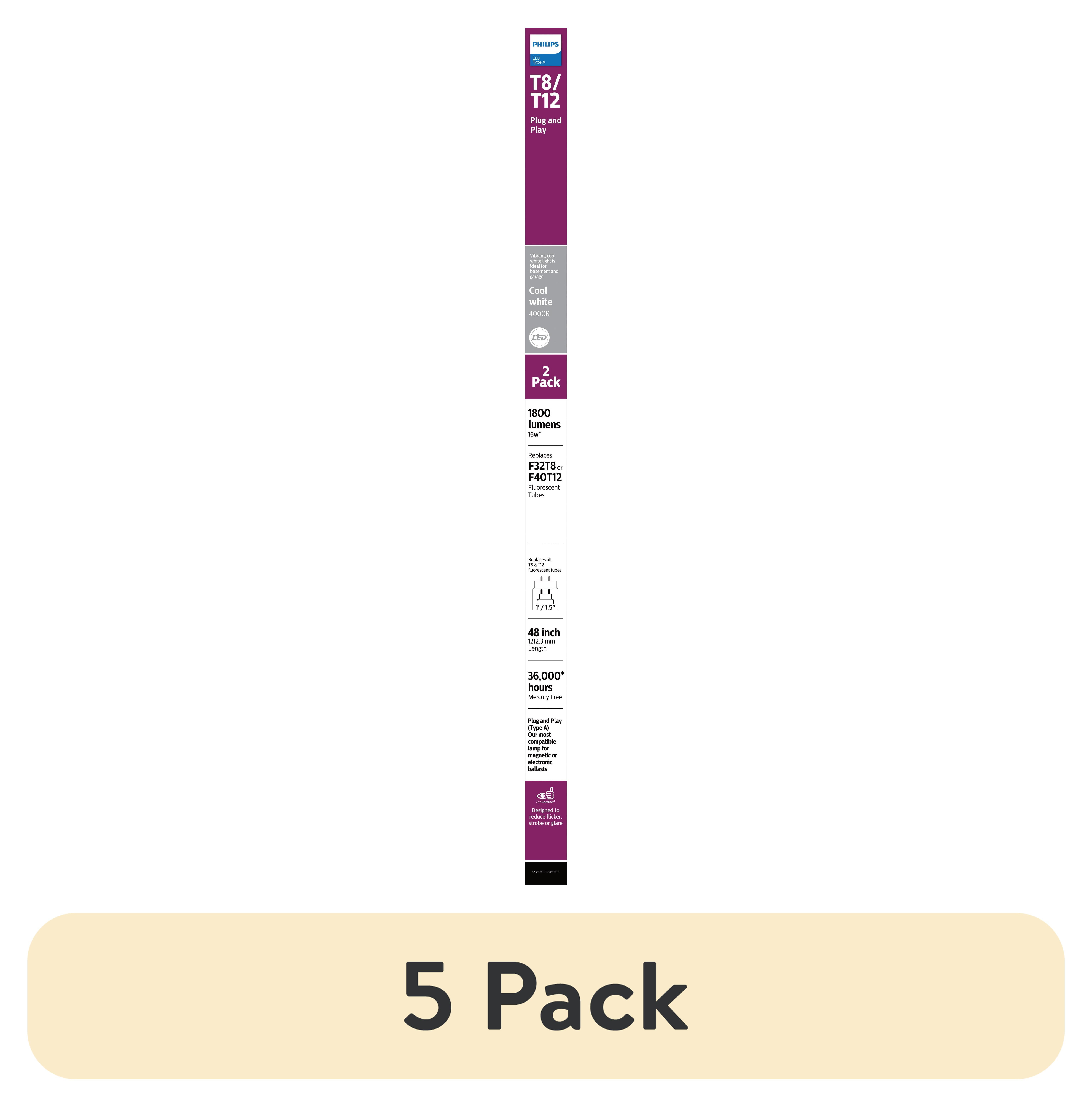 5 pack) Philips Plug and Play 4Ft (48-inch) Type A T8/T12 Cool
